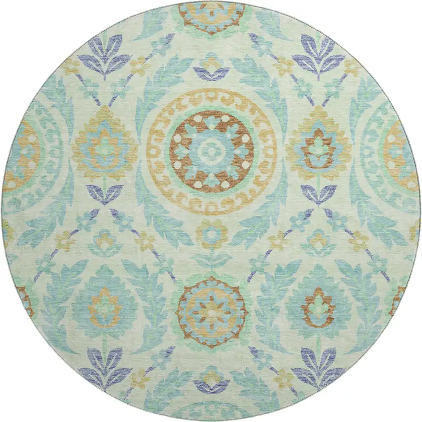 8' Mint Green Blue And Beige Floral Washable Round Rug With UV Protection Photo 1