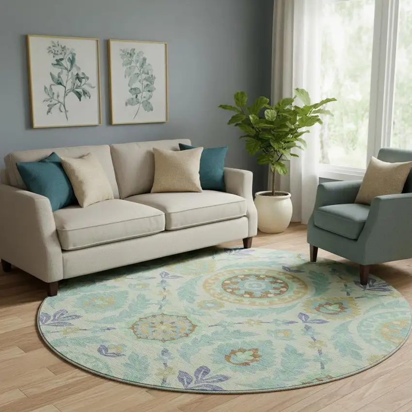 8' Mint Green Blue And Beige Floral Washable Round Rug With UV Protection Photo 1