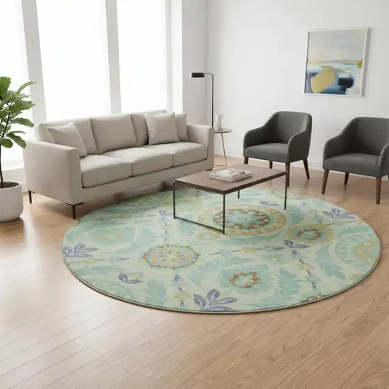8' Mint Green Blue And Beige Floral Washable Round Rug With UV Protection Photo 2