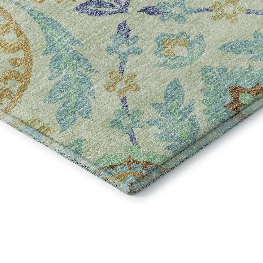8' Mint Green Blue And Beige Floral Washable Round Rug With UV Protection Photo 7