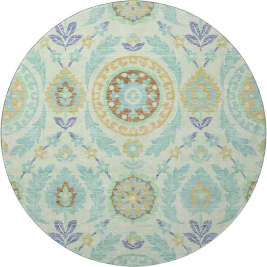 8' Mint Green Blue And Beige Floral Washable Round Rug With UV Protection Photo 4