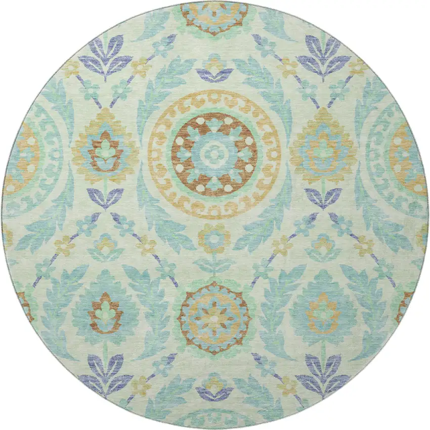 8' Mint Green Blue And Beige Floral Washable Round Rug With UV Protection Photo 4