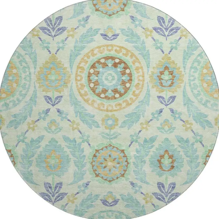 8' Mint Green Blue And Beige Floral Washable Round Rug With UV Protection Photo 3