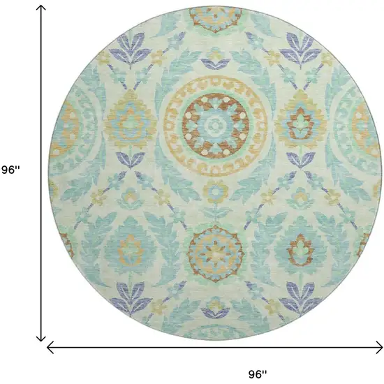 8' Mint Green Blue And Beige Floral Washable Round Rug With UV Protection Photo 3