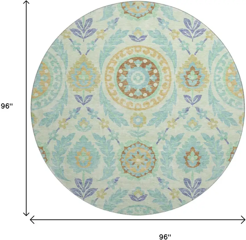 8' Mint Green Blue And Beige Floral Washable Round Rug With UV Protection Photo 3
