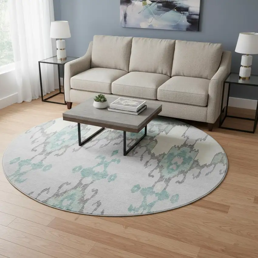 8' Mint Green Blue And Ivory Ikat Washable Round Rug With UV Protection Photo 2