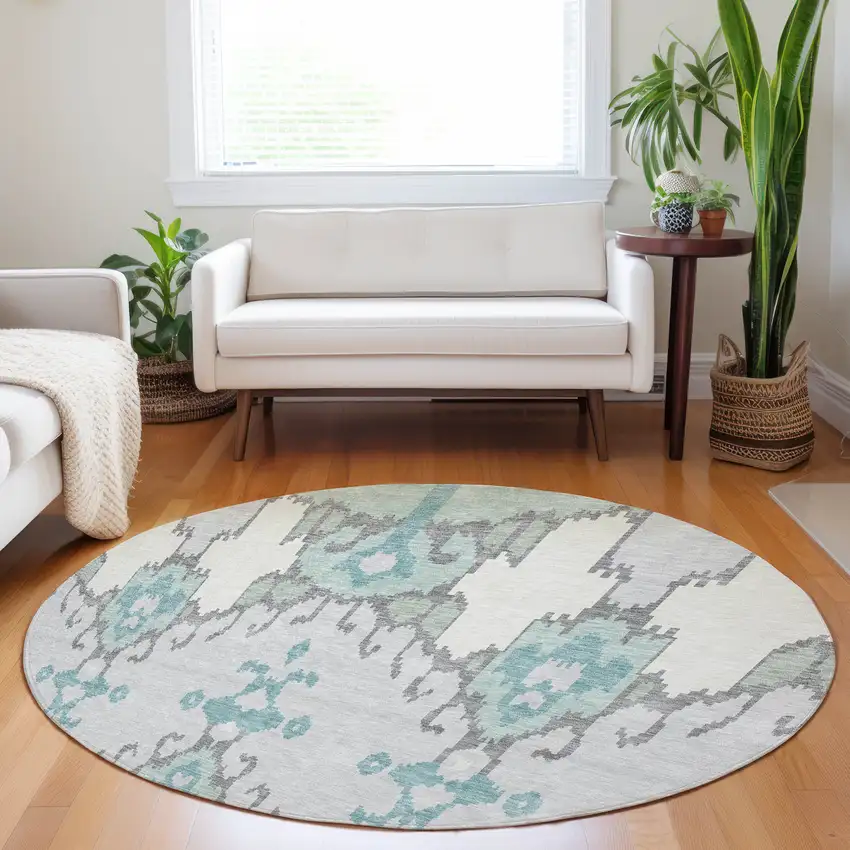 8' Mint Green Blue And Ivory Ikat Washable Round Rug With UV Protection Photo 5