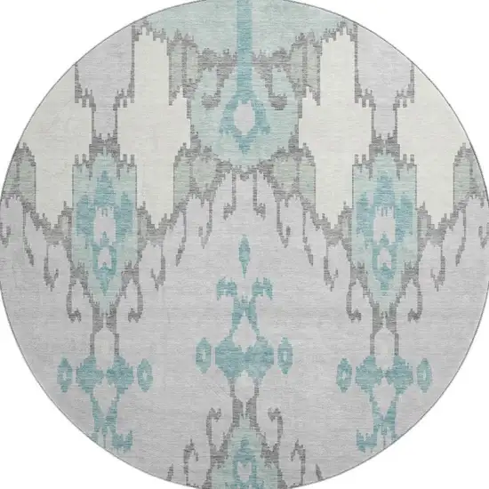 8' Mint Green Blue And Ivory Ikat Washable Round Rug With UV Protection Photo 4