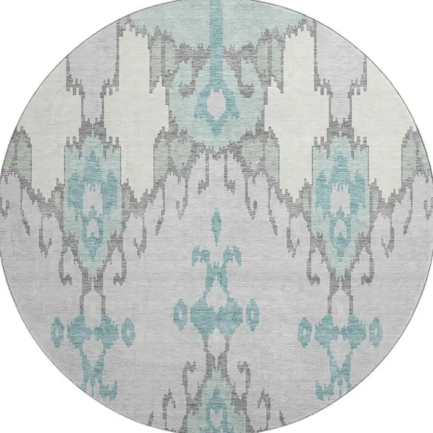 8' Mint Green Blue And Ivory Ikat Washable Round Rug With UV Protection Photo 4