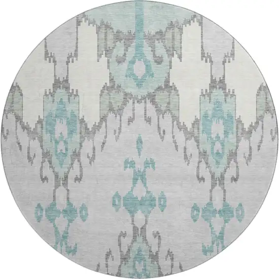 8' Mint Green Blue And Ivory Ikat Washable Round Rug With UV Protection Photo 1
