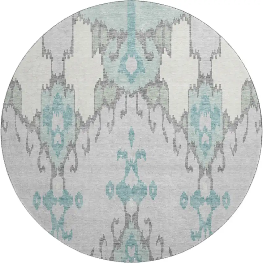 8' Mint Green Blue And Ivory Ikat Washable Round Rug With UV Protection Photo 1