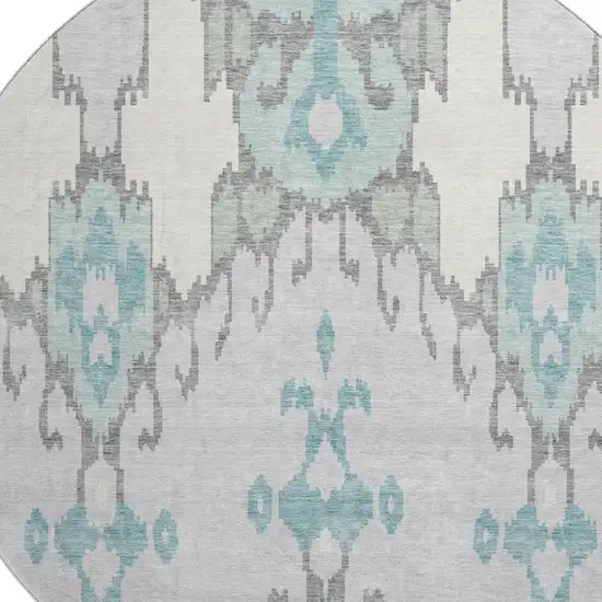 8' Mint Green Blue And Ivory Ikat Washable Round Rug With UV Protection Photo 3