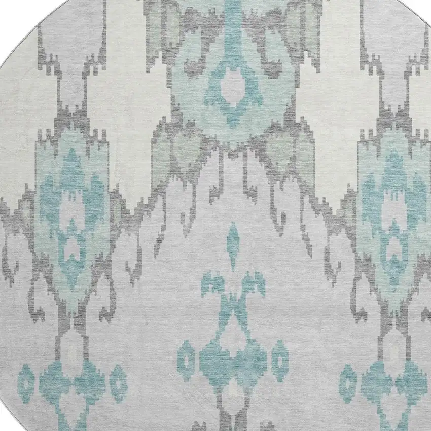 8' Mint Green Blue And Ivory Ikat Washable Round Rug With UV Protection Photo 3