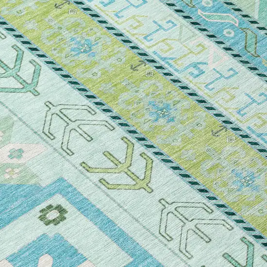 8' Mint Green Blue And Ivory Round Aztec Washable Indoor Outdoor Area Rug Photo 5
