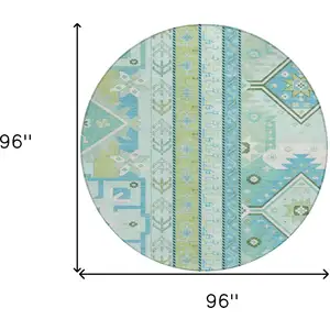 Photo of 8' Mint Green Blue And Ivory Round Aztec Washable Indoor Outdoor Area Rug