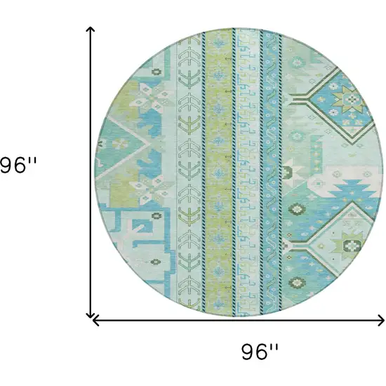 8' Mint Green Blue And Ivory Round Aztec Washable Indoor Outdoor Area Rug Photo 3