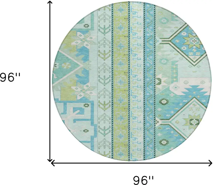8' Mint Green Blue And Ivory Round Aztec Washable Indoor Outdoor Area Rug Photo 3