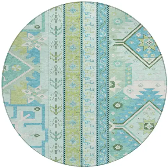 8' Mint Green Blue And Ivory Round Aztec Washable Indoor Outdoor Area Rug Photo 6