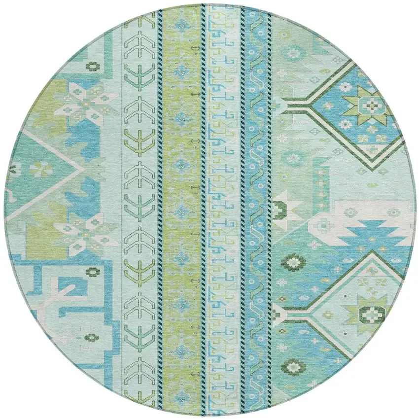 8' Mint Green Blue And Ivory Round Aztec Washable Indoor Outdoor Area Rug Photo 6