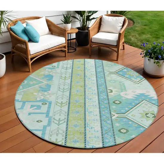 8' Mint Green Blue And Ivory Round Aztec Washable Indoor Outdoor Area Rug Photo 1
