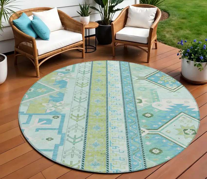 8' Mint Green Blue And Ivory Round Aztec Washable Indoor Outdoor Area Rug Photo 1