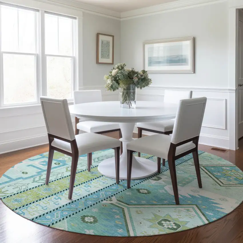 8' Mint Green Blue And Ivory Round Aztec Washable Indoor Outdoor Area Rug Photo 8