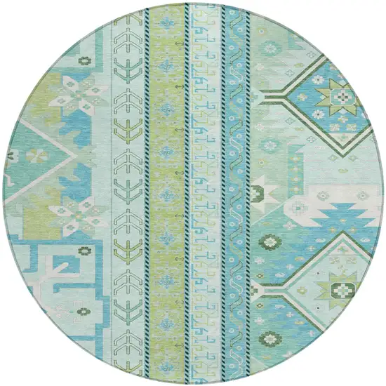 8' Mint Green Blue And Ivory Round Aztec Washable Indoor Outdoor Area Rug Photo 2