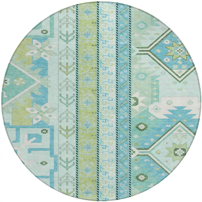 8' Mint Green Blue And Ivory Round Aztec Washable Indoor Outdoor Area Rug Photo 2
