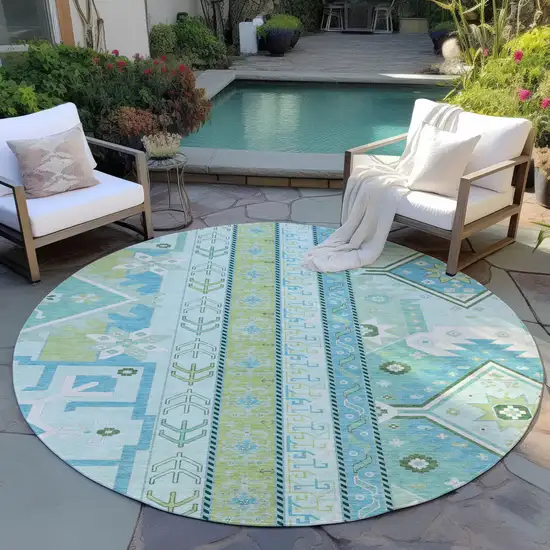 8' Mint Green Blue And Ivory Round Aztec Washable Indoor Outdoor Area Rug Photo 7