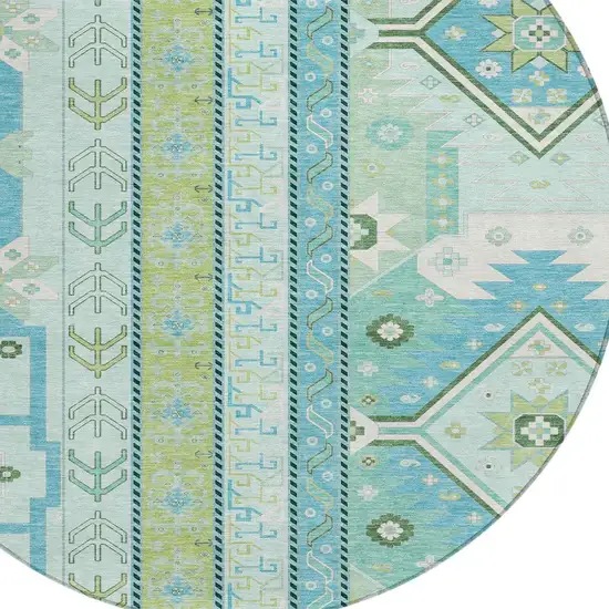 8' Mint Green Blue And Ivory Round Aztec Washable Indoor Outdoor Area Rug Photo 4