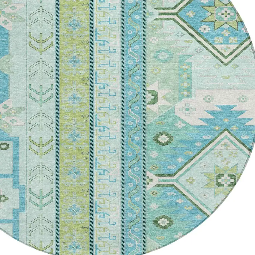 8' Mint Green Blue And Ivory Round Aztec Washable Indoor Outdoor Area Rug Photo 4