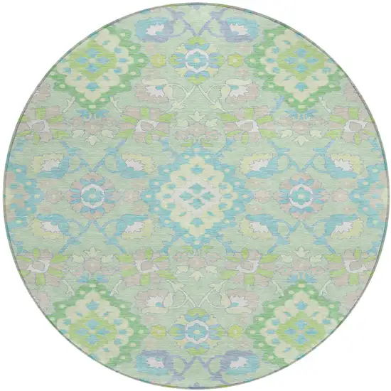 8' Mint Green Blue And Ivory Round Oriental Washable Indoor Outdoor Area Rug Photo 2