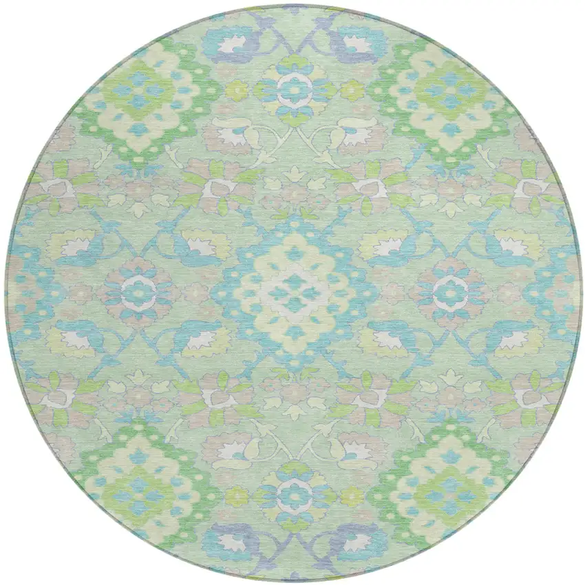 8' Mint Green Blue And Ivory Round Oriental Washable Indoor Outdoor Area Rug Photo 2