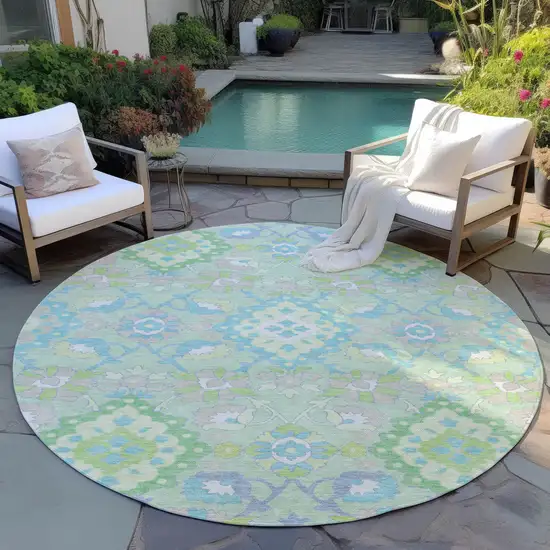 8' Mint Green Blue And Ivory Round Oriental Washable Indoor Outdoor Area Rug Photo 7