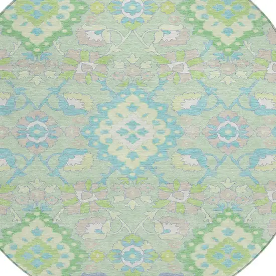8' Mint Green Blue And Ivory Round Oriental Washable Indoor Outdoor Area Rug Photo 5