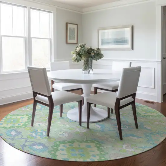 8' Mint Green Blue And Ivory Round Oriental Washable Indoor Outdoor Area Rug Photo 8