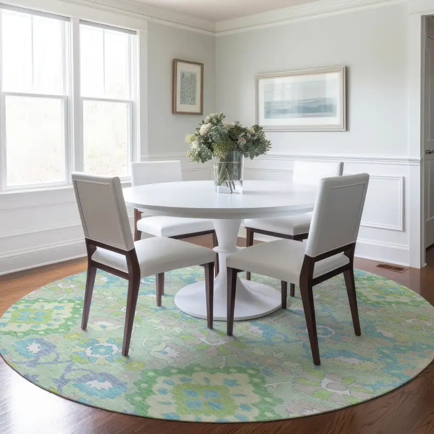 8' Mint Green Blue And Ivory Round Oriental Washable Indoor Outdoor Area Rug Photo 8