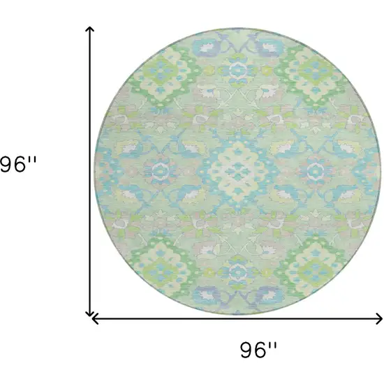 8' Mint Green Blue And Ivory Round Oriental Washable Indoor Outdoor Area Rug Photo 3