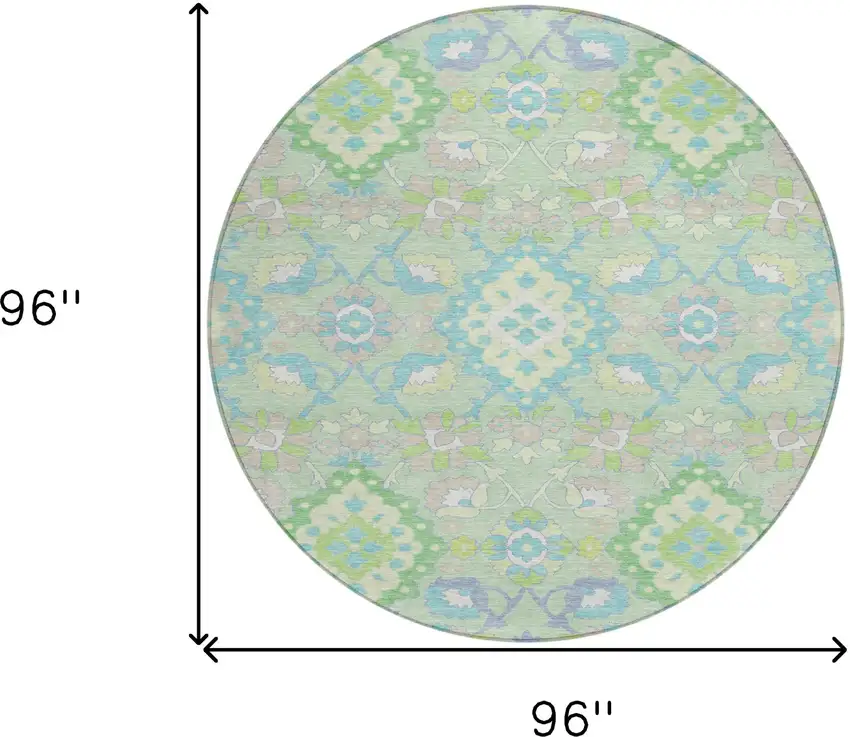 8' Mint Green Blue And Ivory Round Oriental Washable Indoor Outdoor Area Rug Photo 3