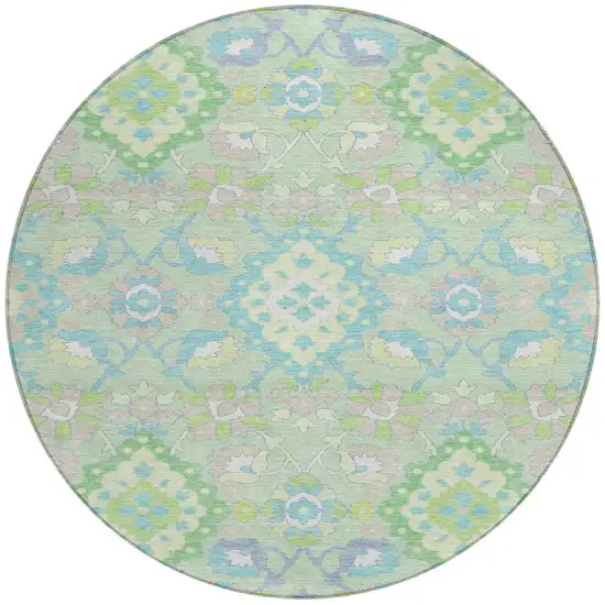 8' Mint Green Blue And Ivory Round Oriental Washable Indoor Outdoor Area Rug Photo 6