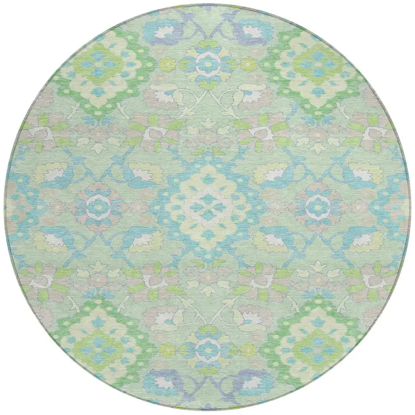 8' Mint Green Blue And Ivory Round Oriental Washable Indoor Outdoor Area Rug Photo 6