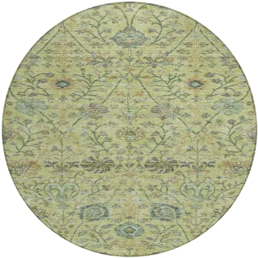 8' Mint Green Brown And Gray Round Floral Washable Indoor Outdoor Area Rug Photo 2