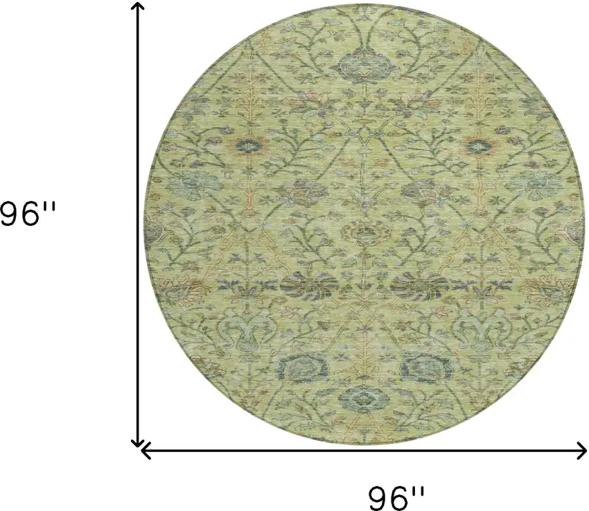 8' Mint Green Brown And Gray Round Floral Washable Indoor Outdoor Area Rug Photo 9
