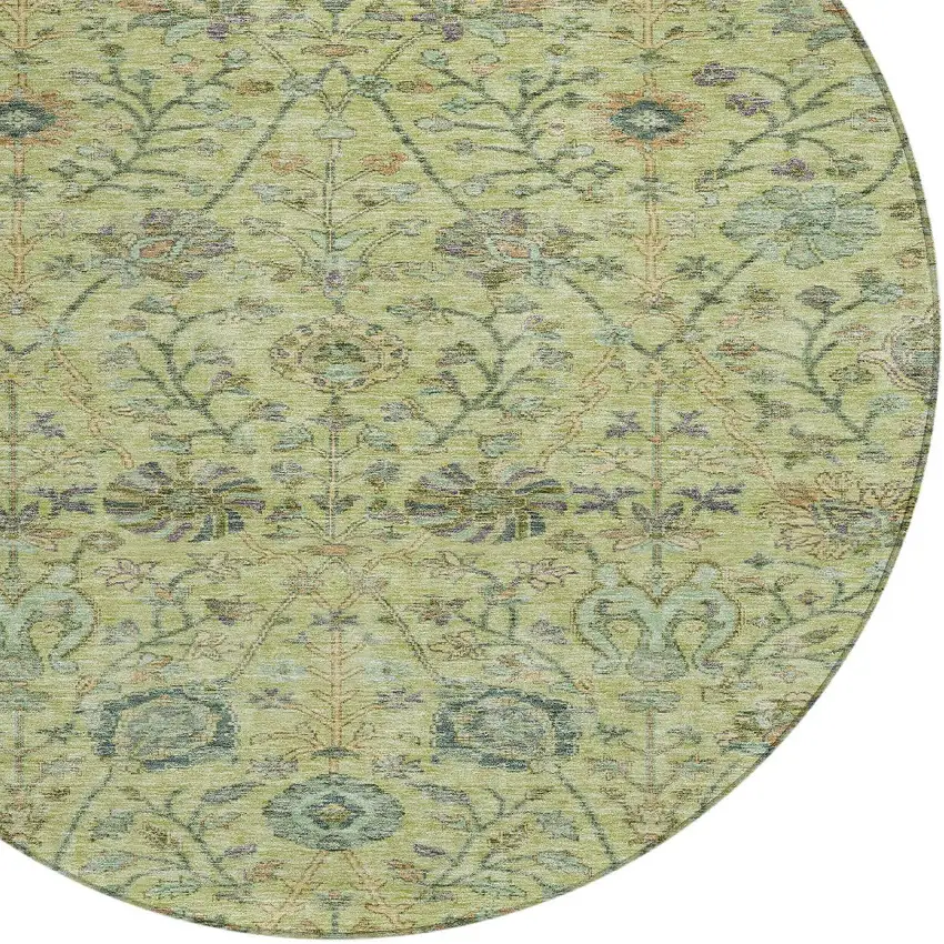 8' Mint Green Brown And Gray Round Floral Washable Indoor Outdoor Area Rug Photo 5