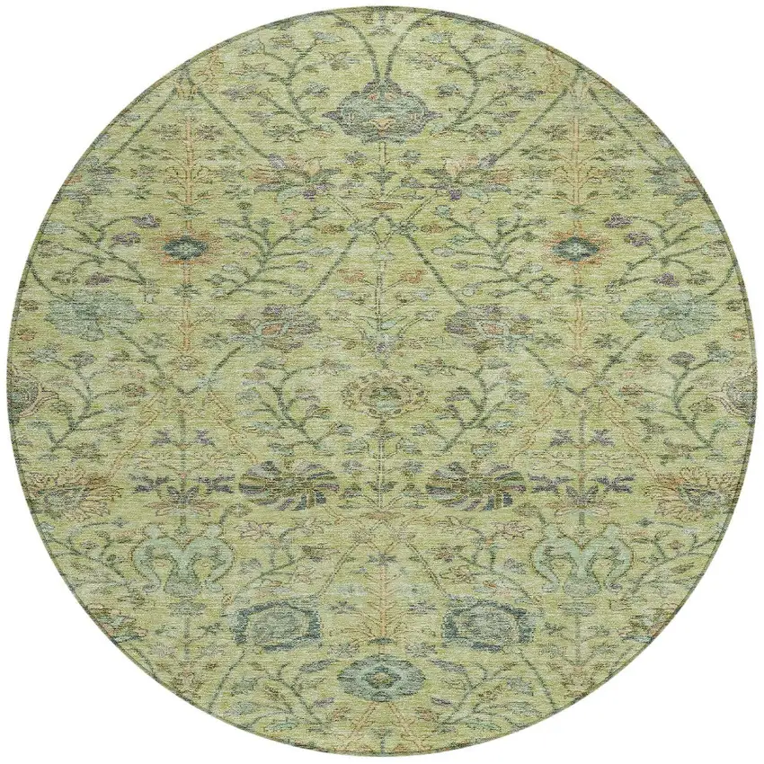 8' Mint Green Brown And Gray Round Floral Washable Indoor Outdoor Area Rug Photo 6