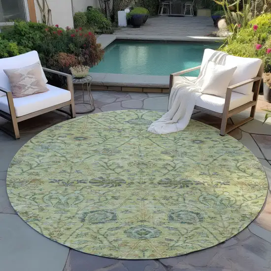 8' Mint Green Brown And Gray Round Floral Washable Indoor Outdoor Area Rug Photo 7