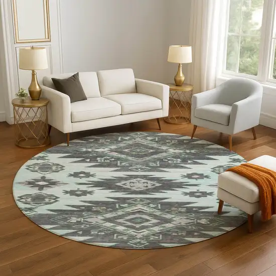 8' Mint Green Charcoal And Gray Tribal Washable Round Rug With UV Protection Photo 4