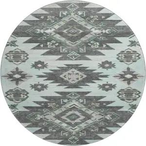 Photo of 8' Mint Green Charcoal And Gray Tribal Washable Round Rug With UV Protection