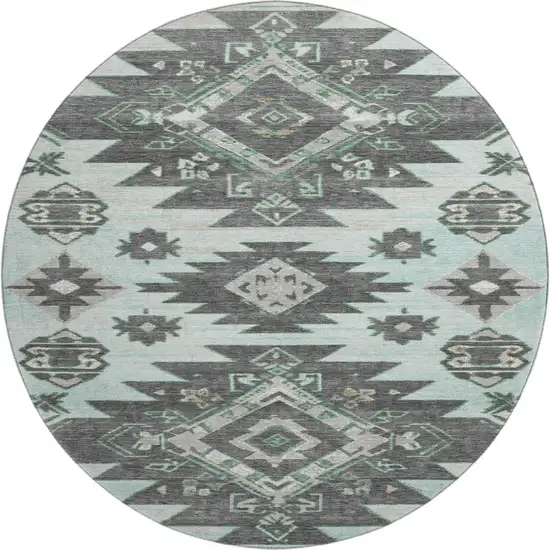 8' Mint Green Charcoal And Gray Tribal Washable Round Rug With UV Protection Photo 1