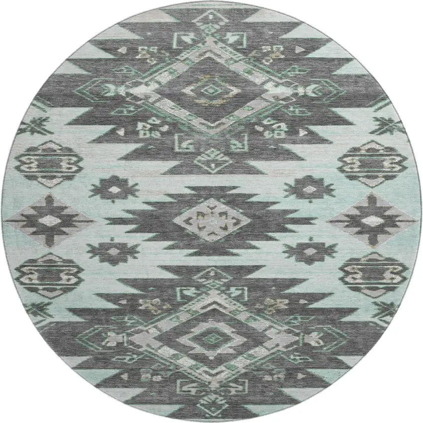 8' Mint Green Charcoal And Gray Tribal Washable Round Rug With UV Protection Photo 1